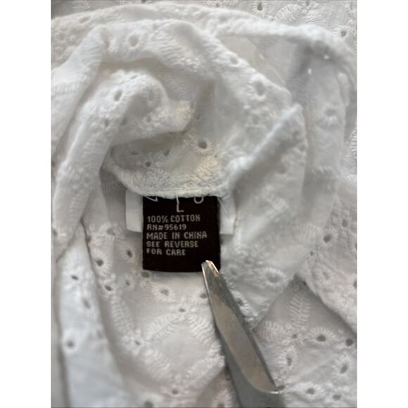 Fever White Eyelet Pintuck Boho Blouse Women’s L Cotton Peasant Top - Picture 11 of 16